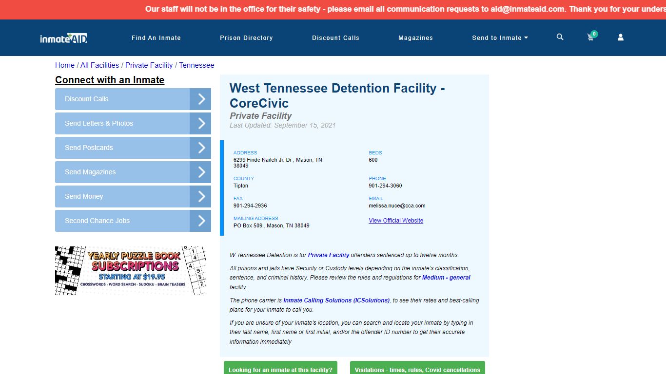 West Tennessee Detention Facility - CoreCivic - Inmate ...